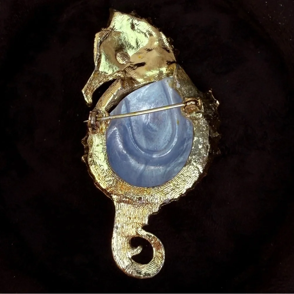 Vintage Goldtone Seahorse Brooch with Blue Swirl